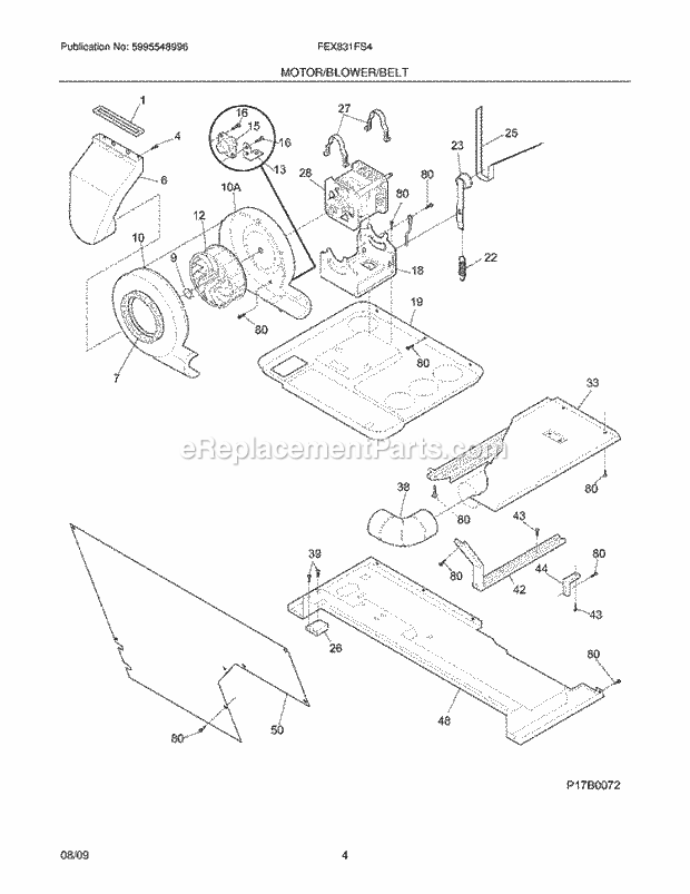 Motor/Blower/Belt Diagram and Parts List for FEX831FS4  Frigidaire Washer Dryer Combo