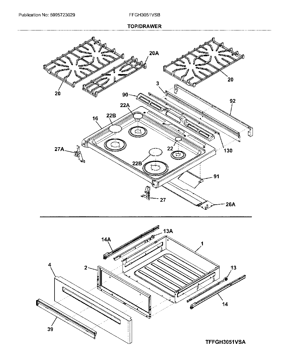 Top/drawer Diagram and Parts List for FFGH3051VSB  Frigidaire Range