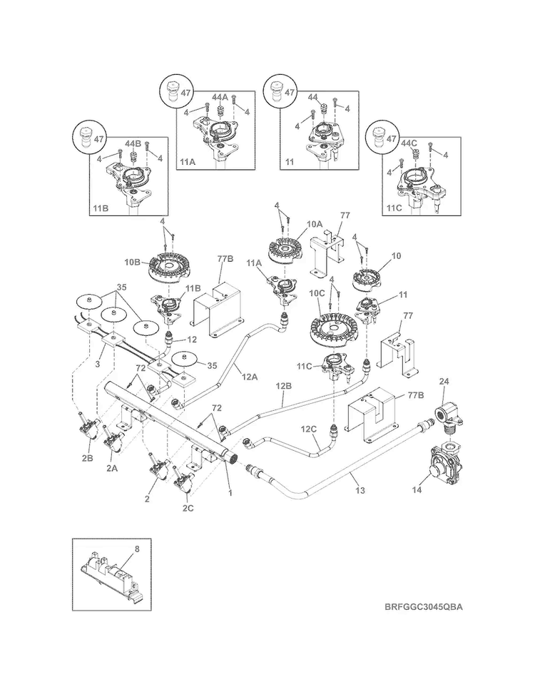 Burner Diagram and Parts List for FGGC3045QWA  Frigidaire Cooktop
