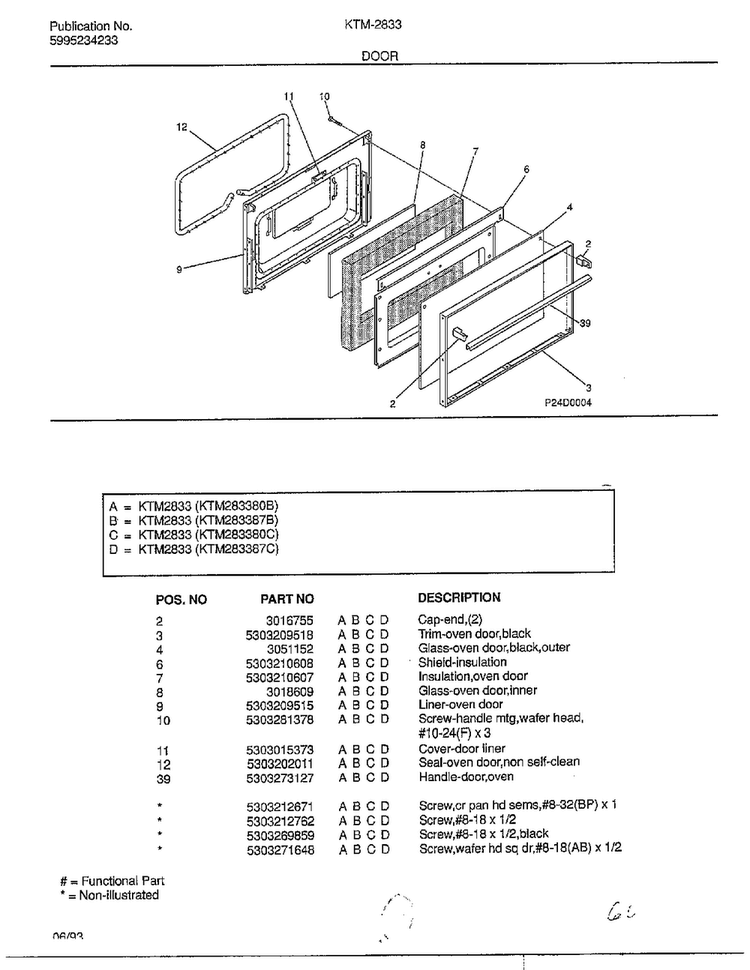 Door Diagram and Parts List for 2833-80B  Frigidaire Range