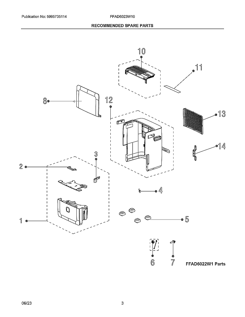 Replacement Parts Diagram and Parts List for FFAD6023W10  Frigidaire Dehumidifier