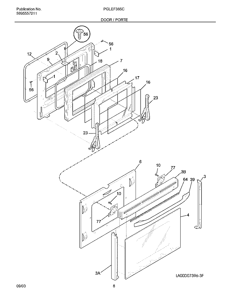 DOOR Diagram and Parts List for PGLEF385CQ2  Frigidaire Range