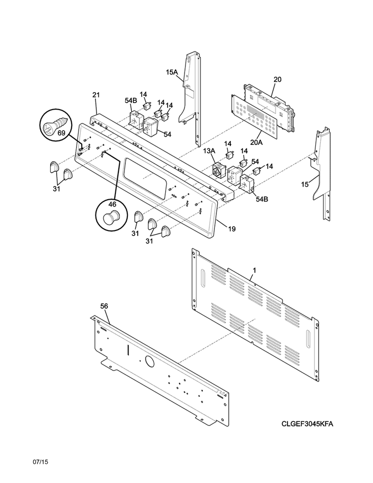 Backguard Diagram and Parts List for FGEF3035RBA  Frigidaire Range