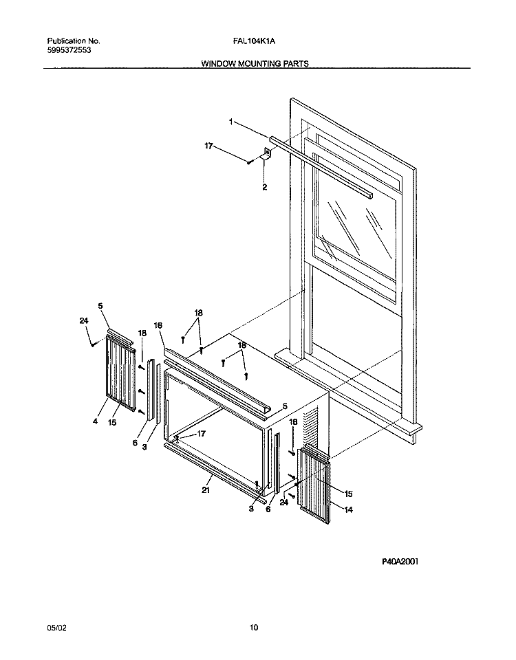 WINDOW MOUNTING PARTS Diagram and Parts List for FAL104K1A3  Frigidaire Air Conditioner