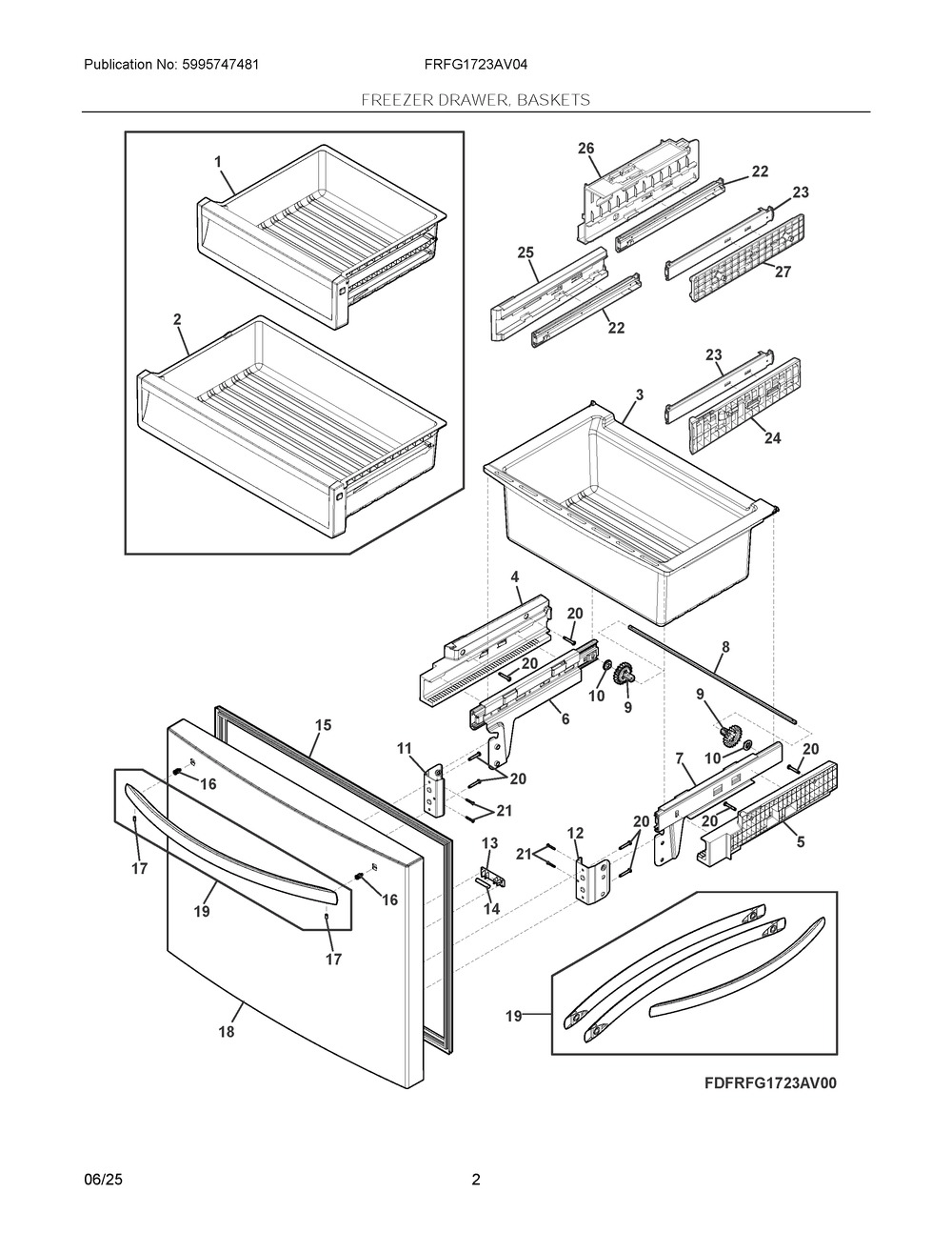 Freezer Drawer, Baskets Diagram and Parts List for FRFG1723AV04  Frigidaire Refrigerator