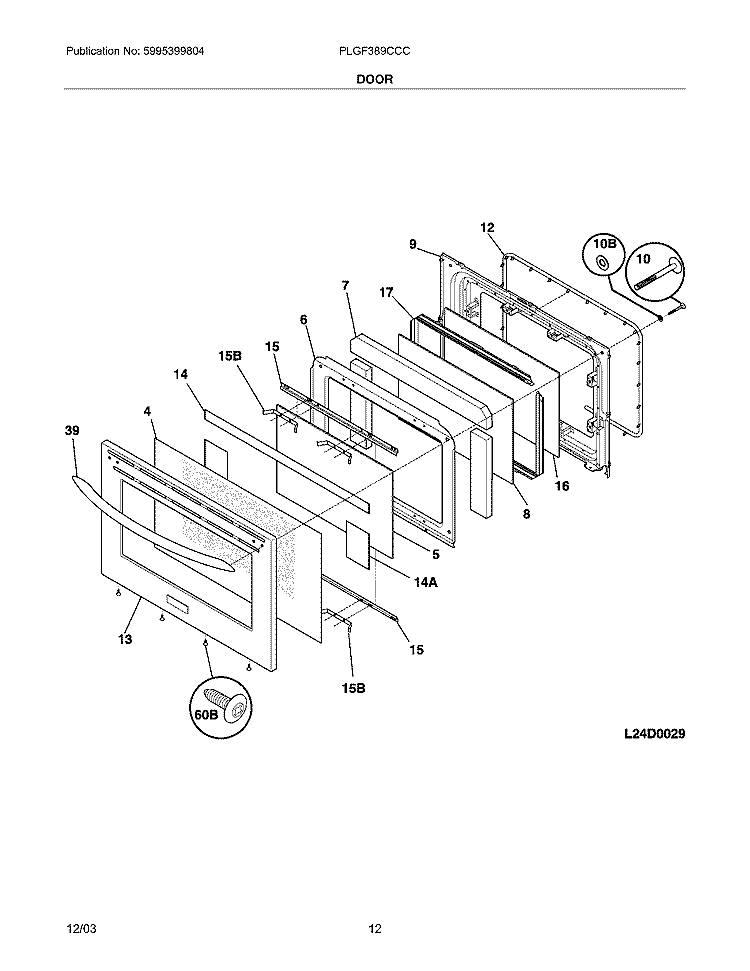 DOOR Diagram and Parts List for PLGF389CCC  Frigidaire Range