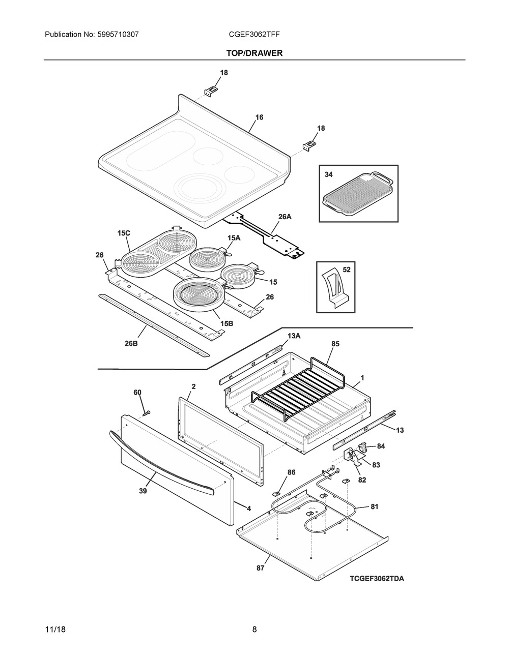 Top/drawer Diagram and Parts List for CGEF3062TFF  Frigidaire Range