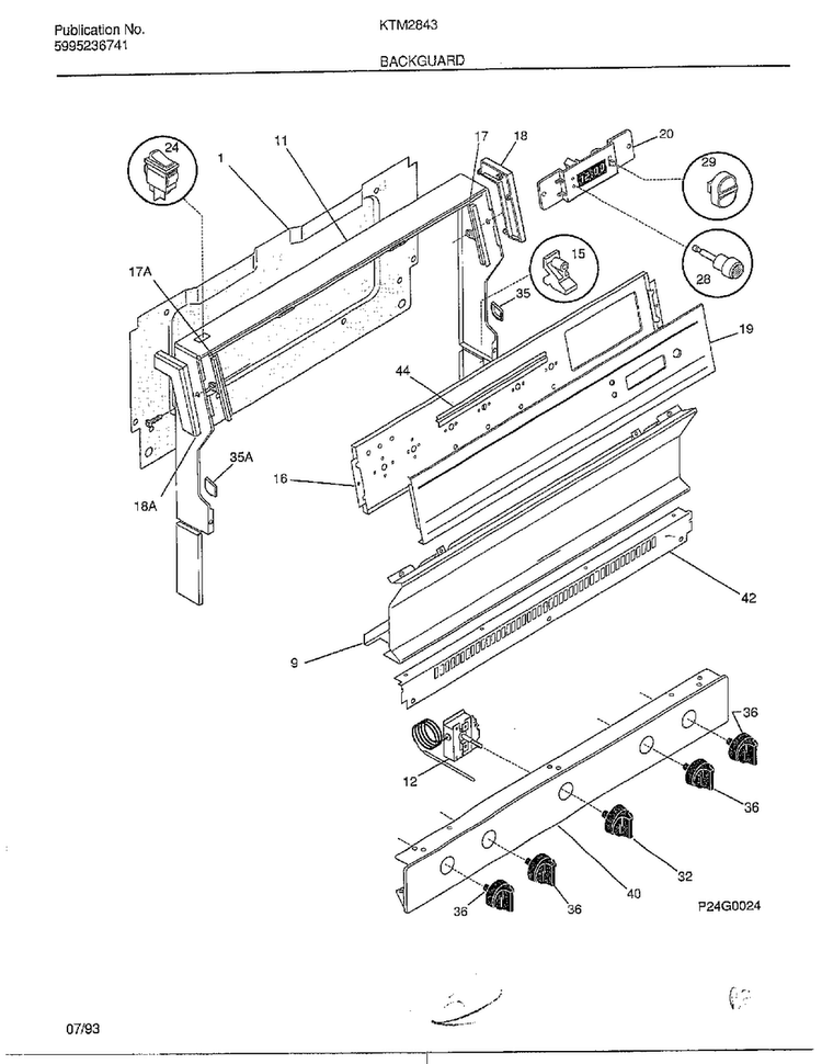 Backguard Diagram and Parts List for 2843-80B  Frigidaire Range
