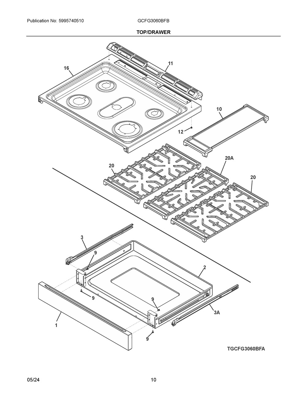 Top/Drawer Diagram and Parts List for GCFG3060BFB  Frigidaire Range