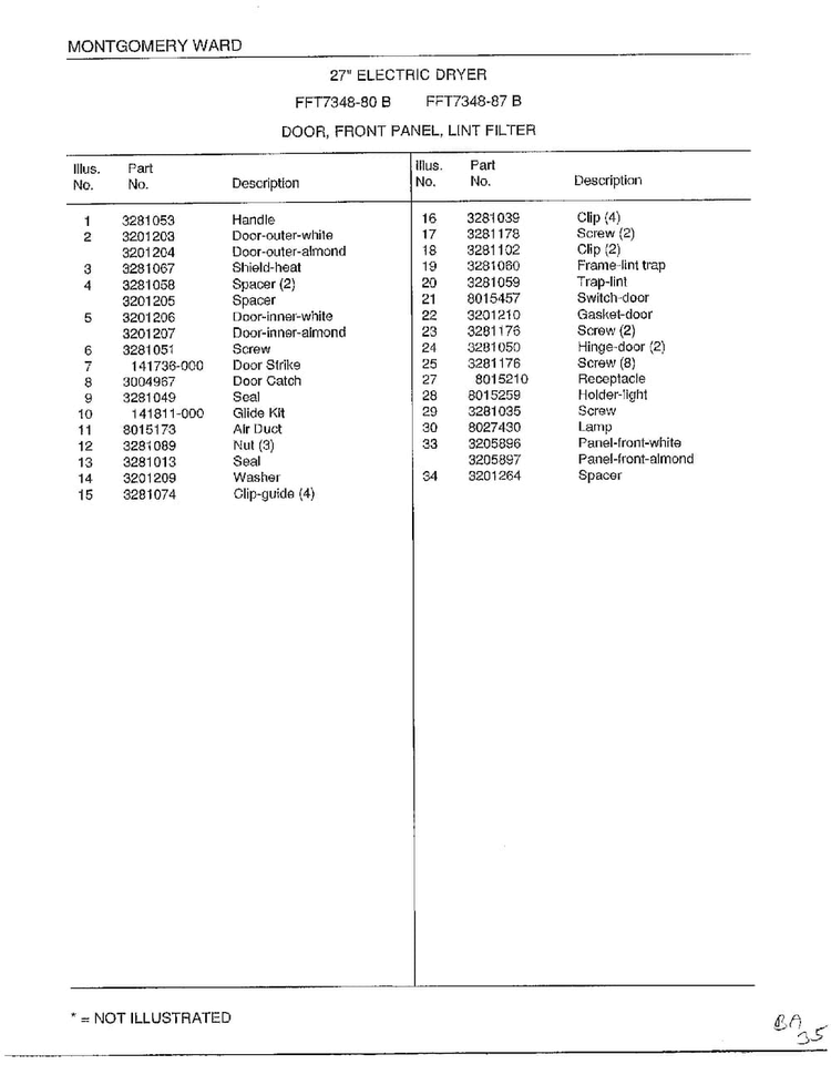 Door, Front Panel, Lint Filter Page 2 Diagram and Parts List for 7348B  Frigidaire Dryer