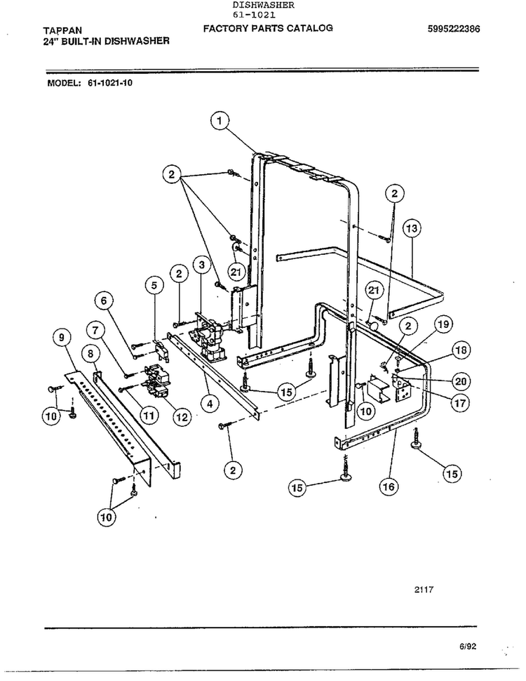 24" Built-in Dishwasher Page 9 Diagram and Parts List for 61-1021  Tappan Dishwasher