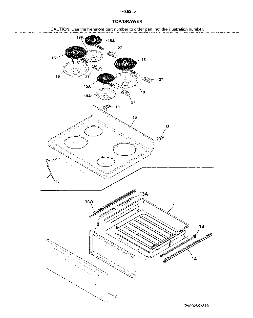 Top/drawer Diagram and Parts List for 79092552810  Kenmore Range
