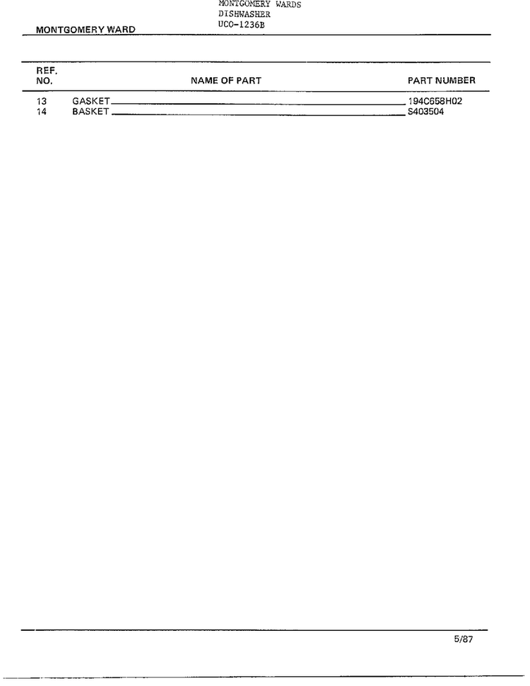 Dishwasher Page 13 Diagram and Parts List for 1236B  Frigidaire Dishwasher