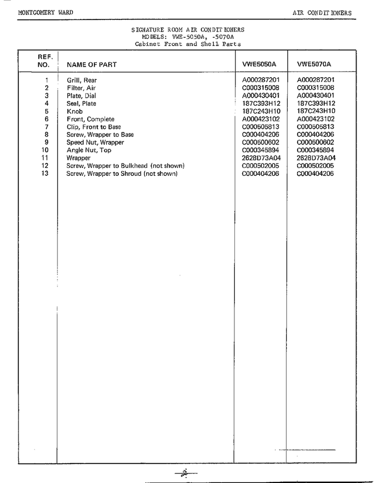Cabinet Front/shell Page 2 Diagram and Parts List for 5070A  Frigidaire Air Conditioner