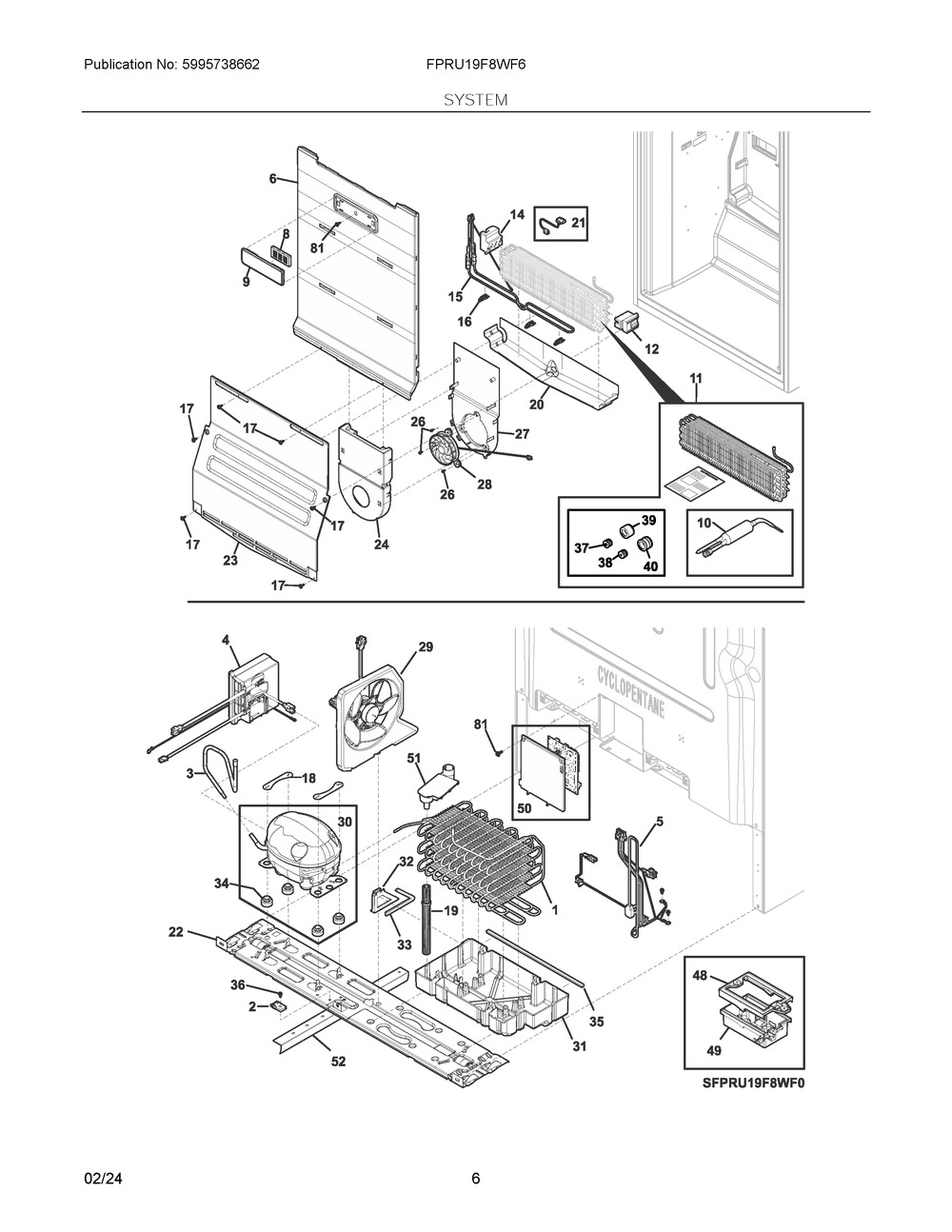 System Diagram and Parts List for FPRU19F8WF6  Frigidaire Refrigerator