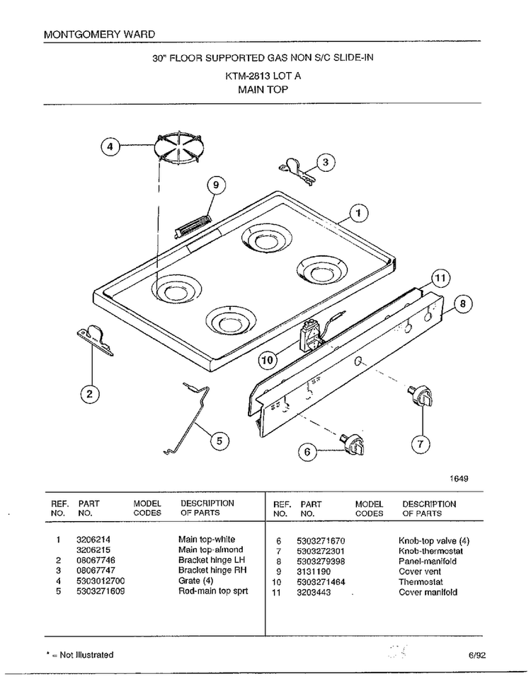 Main Top Diagram and Parts List for 2813A  Frigidaire Range