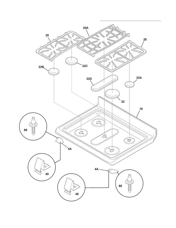 Main Top Diagram and Parts List for FGGF304DLB2  Frigidaire Range