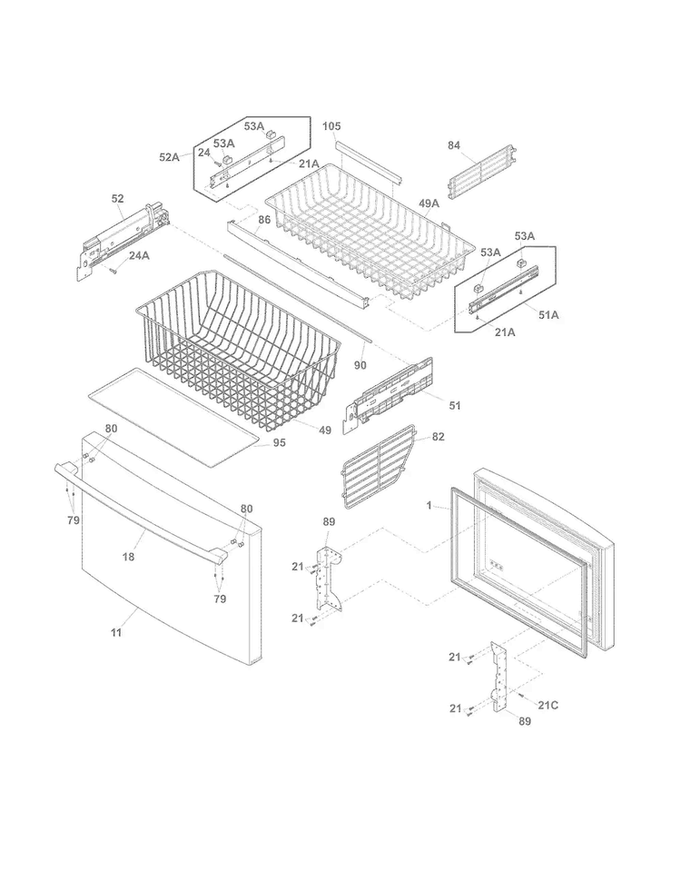 Freezer Drawer, Baskets Diagram and Parts List for FPHG2399MF7  Frigidaire Refrigerator