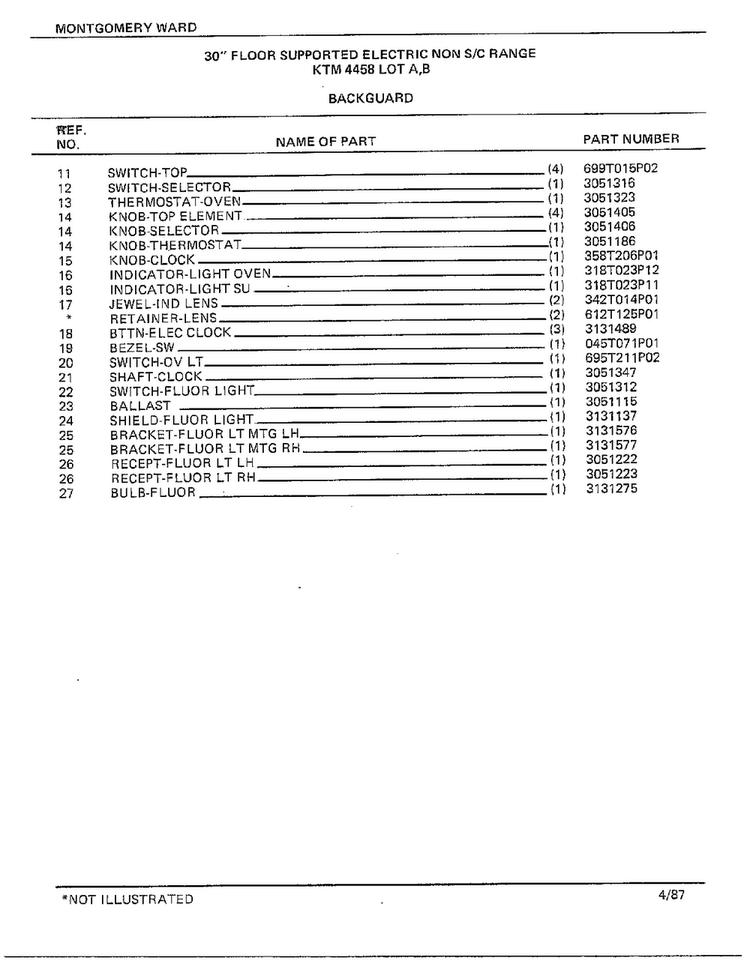30" Floor Supported Elec Backguard Page 2 Diagram and Parts List for 4458B  Frigidaire Range
