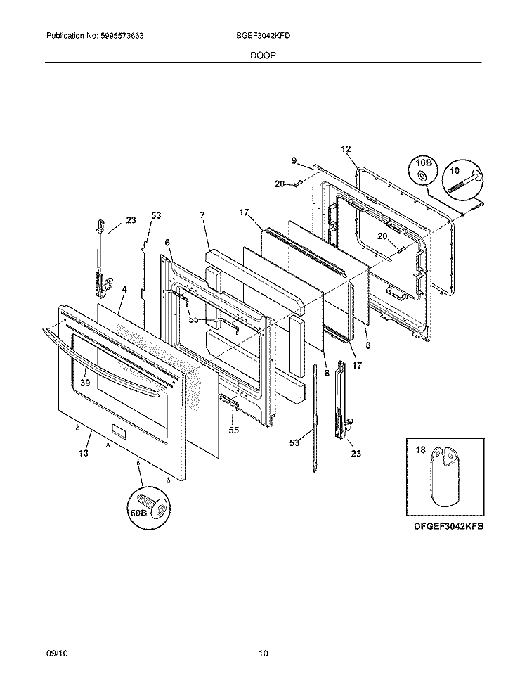 DOOR Diagram and Parts List for BGEF3042KFD  Frigidaire Range