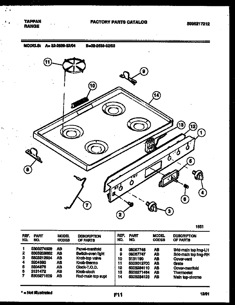 COOKTOP PARTS Diagram and Parts List for 32-2639-00-05  Tappan Range