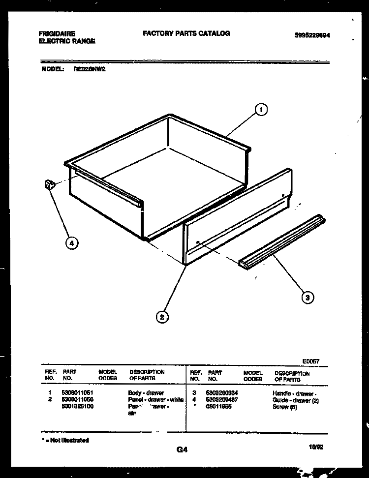 DRAWER PARTS Diagram and Parts List for RE32BNW2  Frigidaire Range