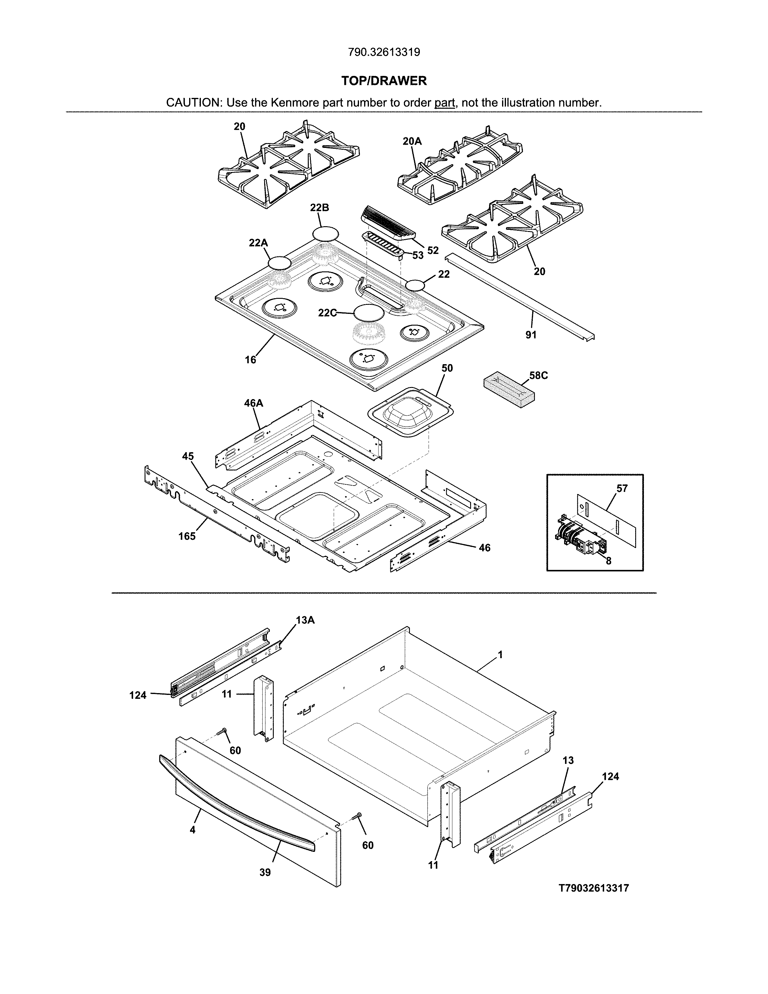 Top/drawer Diagram and Parts List for 79032613319  Kenmore Range