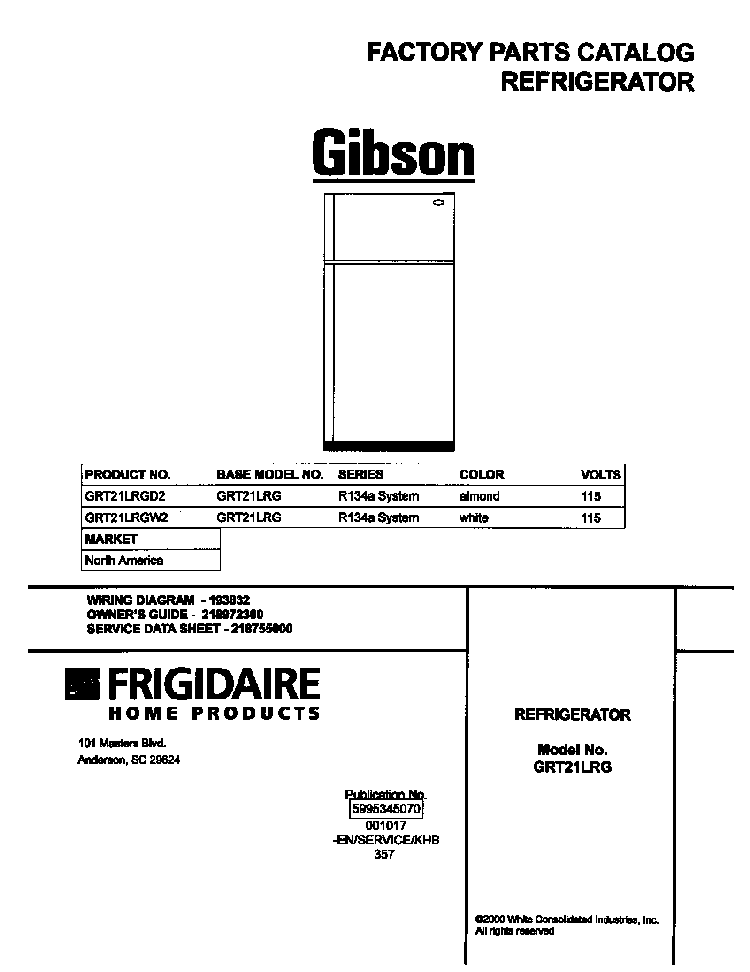 Cover Diagram and Parts List for GRT21LRGD2  Gibson Refrigerator