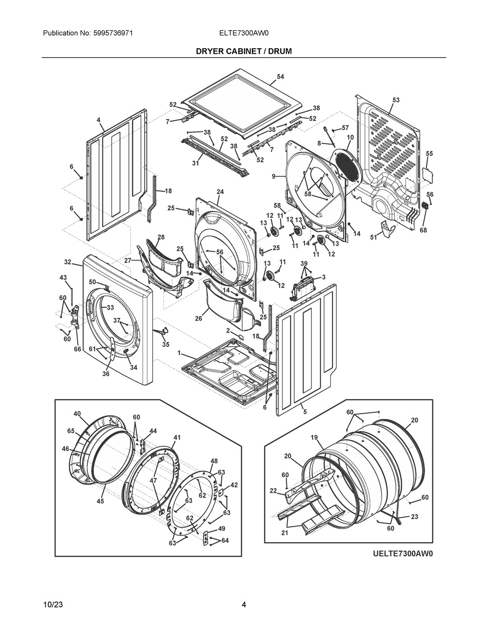 Dryer Cabinet / Drum Diagram and Parts List for ELTE7300AW0  Frigidaire Washer Dryer Combo