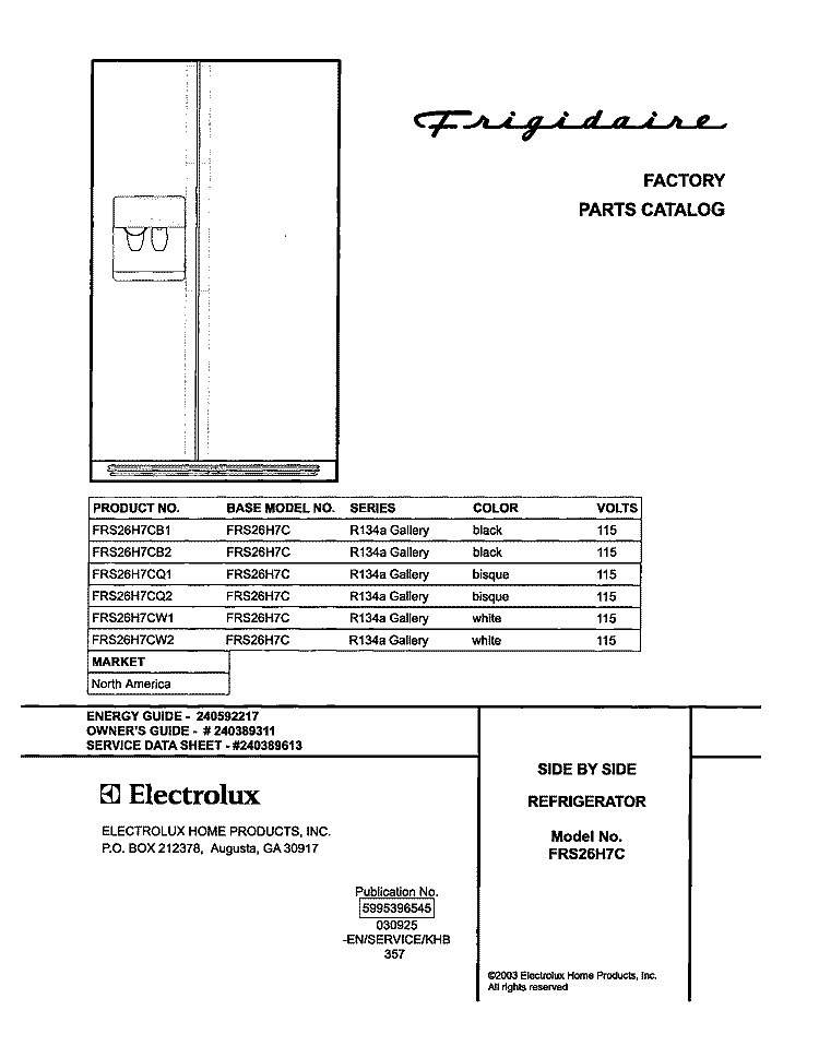 COVER Diagram and Parts List for FRS26H7CW1  Frigidaire Refrigerator