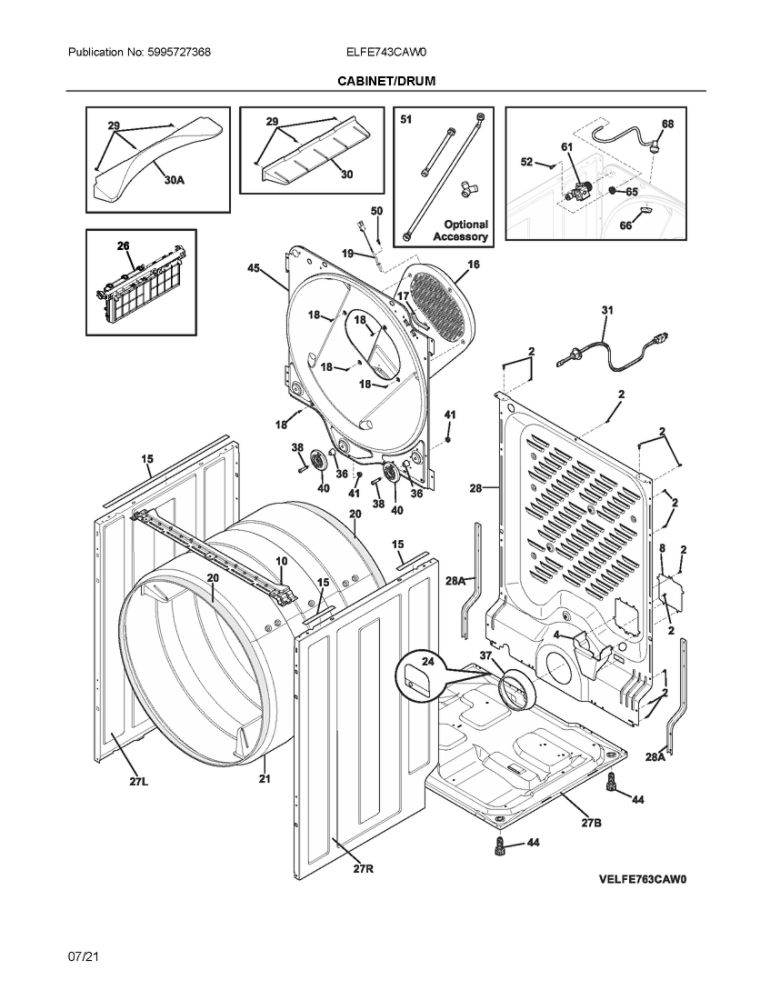 Cabinet/Drum Diagram and Parts List for ELFE743CAW0  Frigidaire Dryer