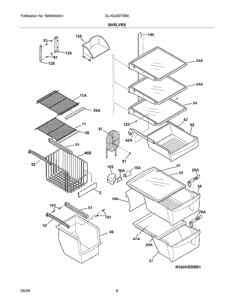 SHELVES Diagram and Parts List for GLHS36EFSB0  Frigidaire Refrigerator