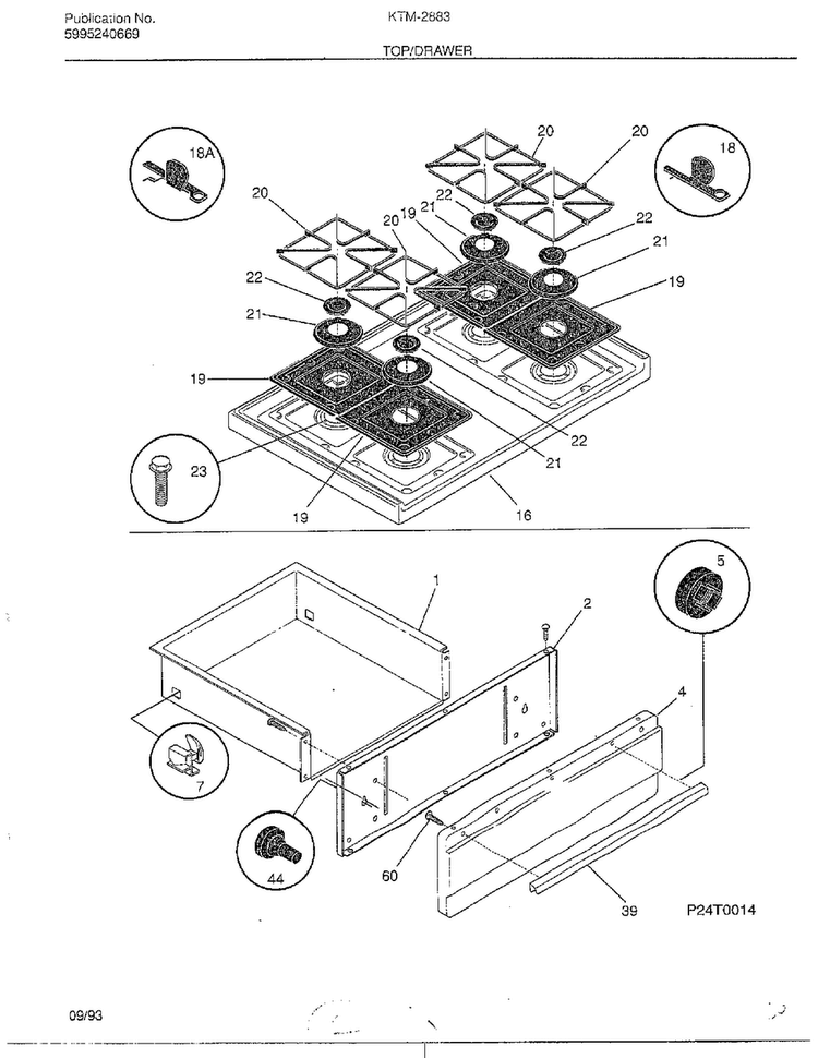 Top/drawer Diagram and Parts List for 2883-81A  Frigidaire Range