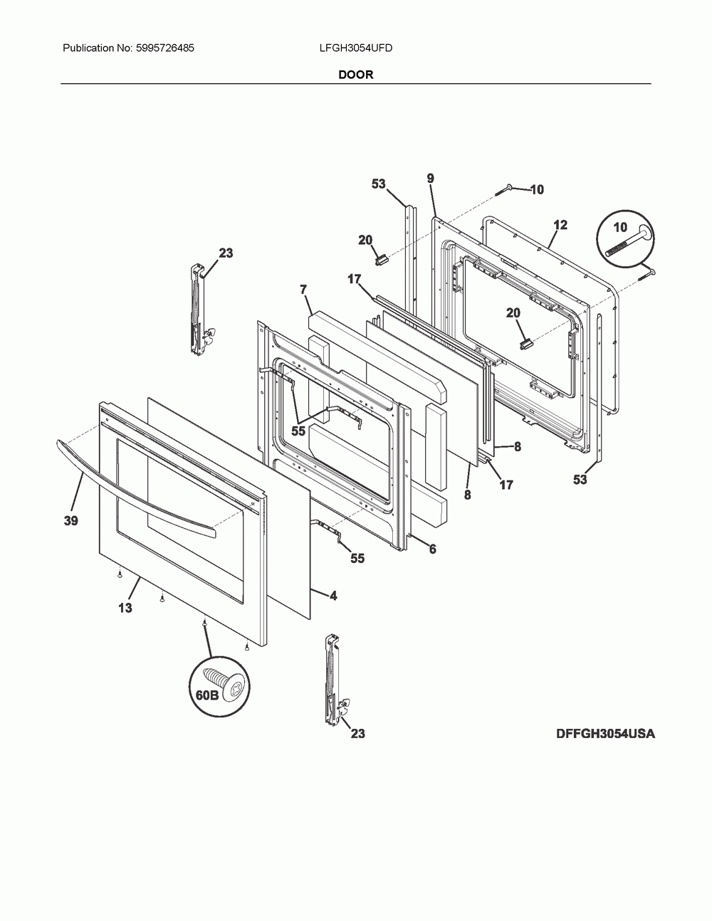 Door Diagram and Parts List for LFGH3054UFD  Frigidaire Range