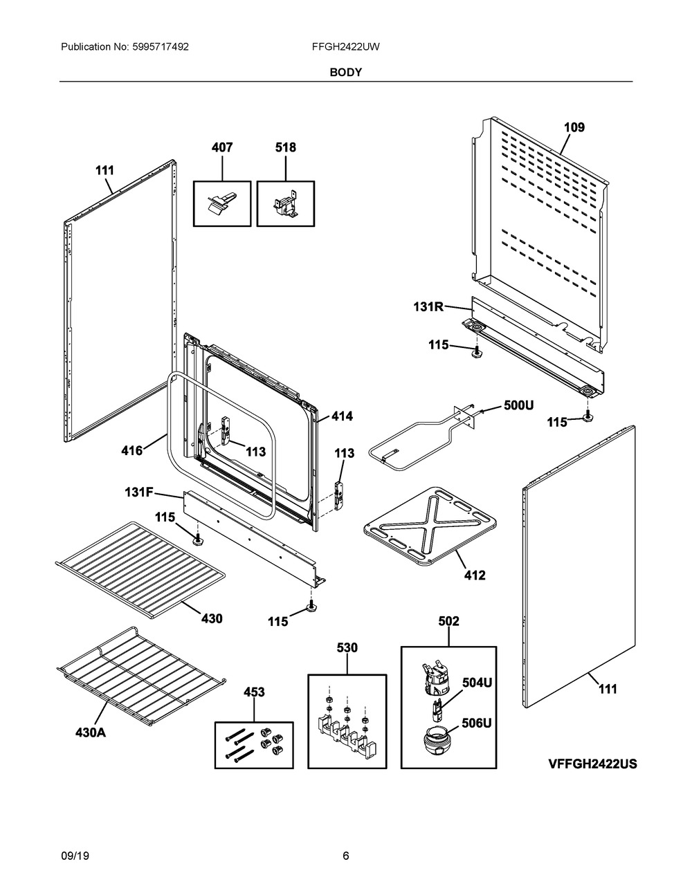 Body Diagram and Parts List for FFGH2422UW  Frigidaire Range