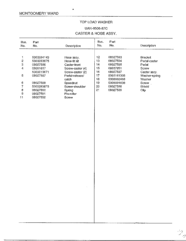 Caster And Hose Assembly Page 2 Diagram and Parts List for 6506-87C  Frigidaire Washer