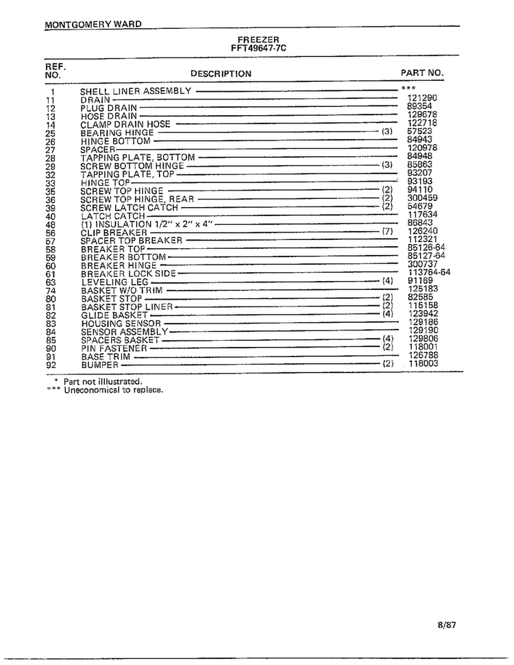 Freezer Page 2 Diagram and Parts List for 49647-7C  Frigidaire Freezer