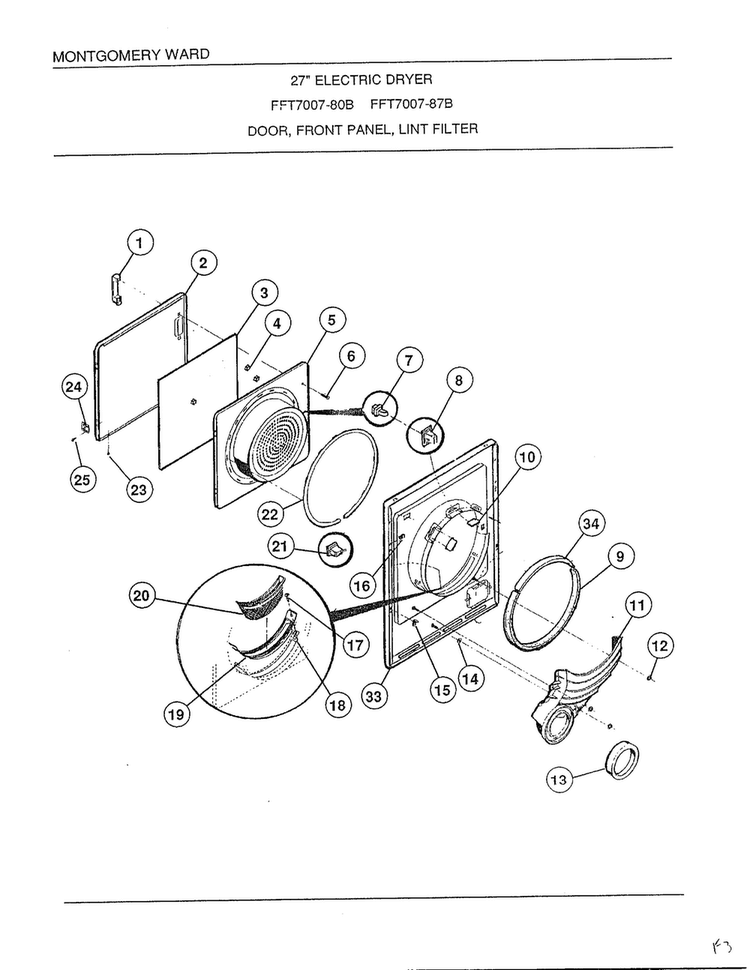 Door, Front Panel, Lint Filter Diagram and Parts List for 7007B  Frigidaire Dryer