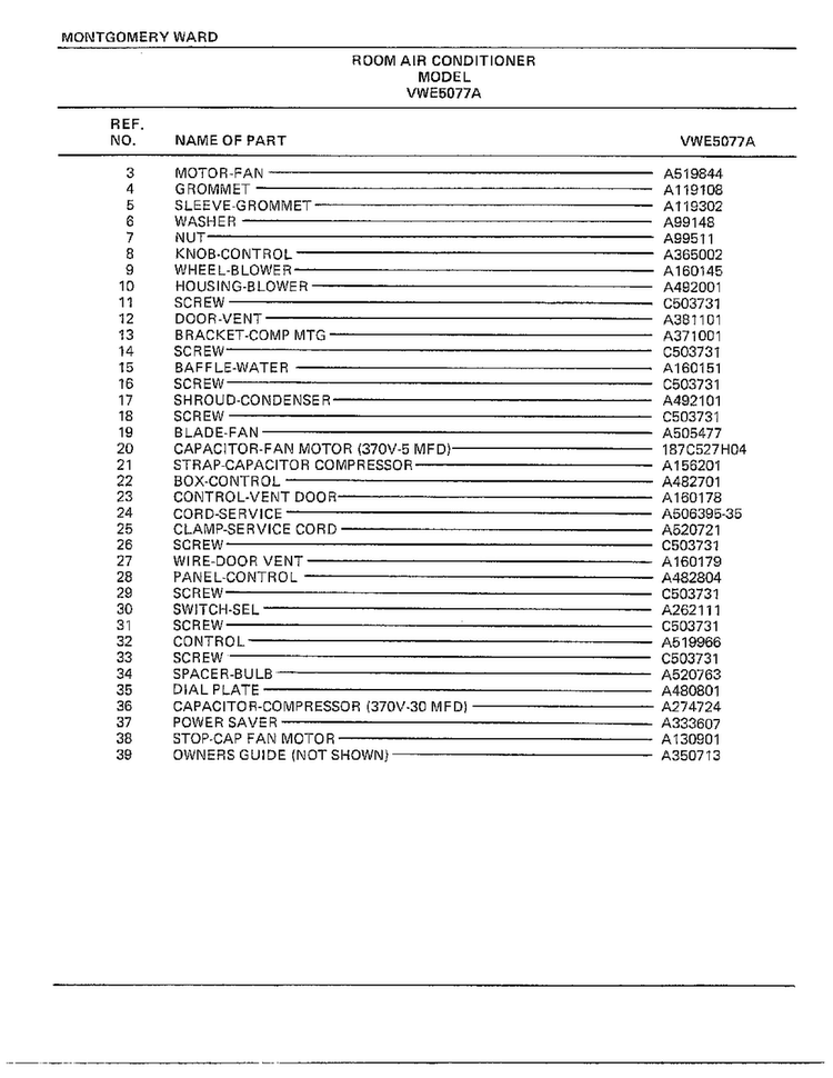 Room Air Conditioner Page 4 Diagram and Parts List for 5077A  Frigidaire Air Conditioner