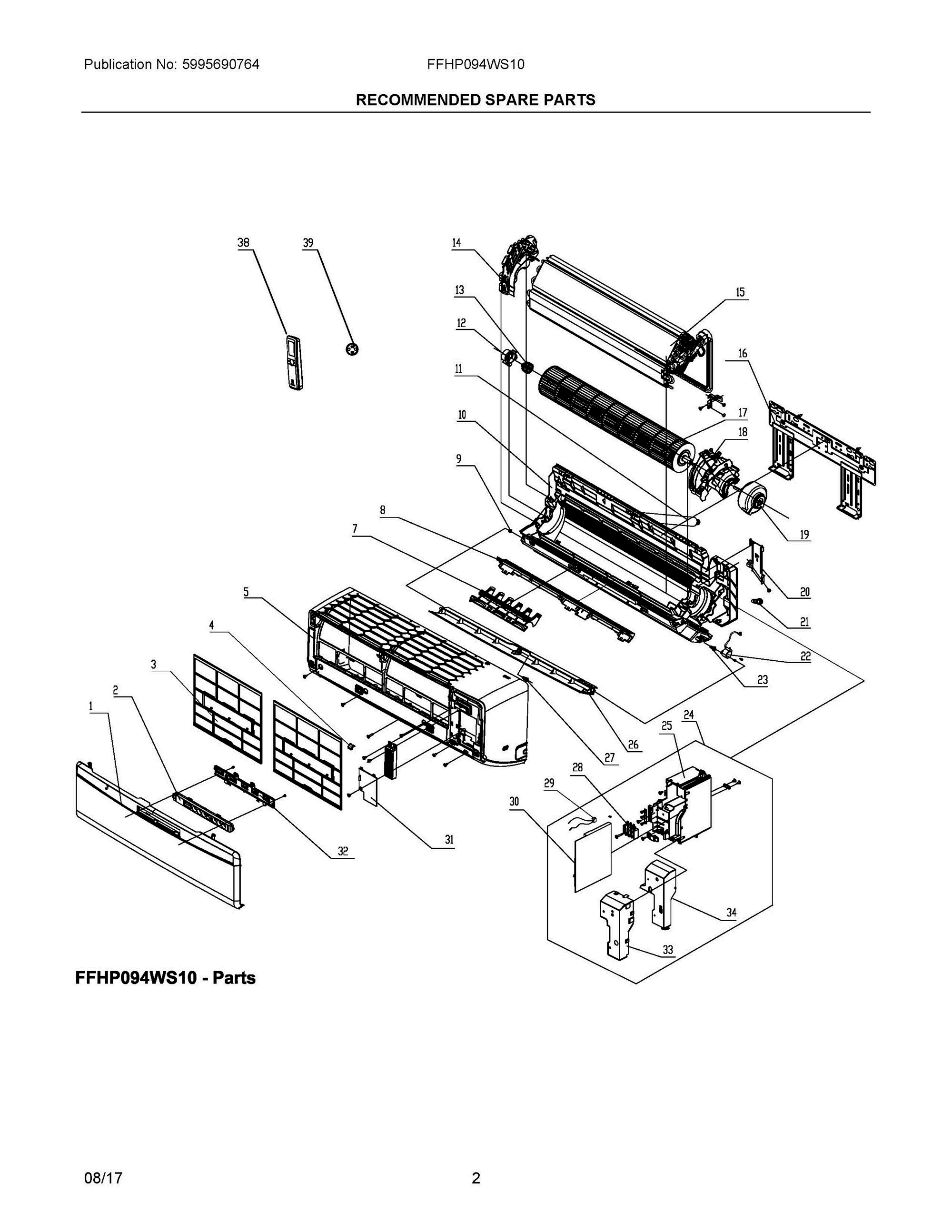 02 - RECOMMENDED SPARE PARTS Diagram and Parts List for FFHP094WS10  Frigidaire Air Conditioner