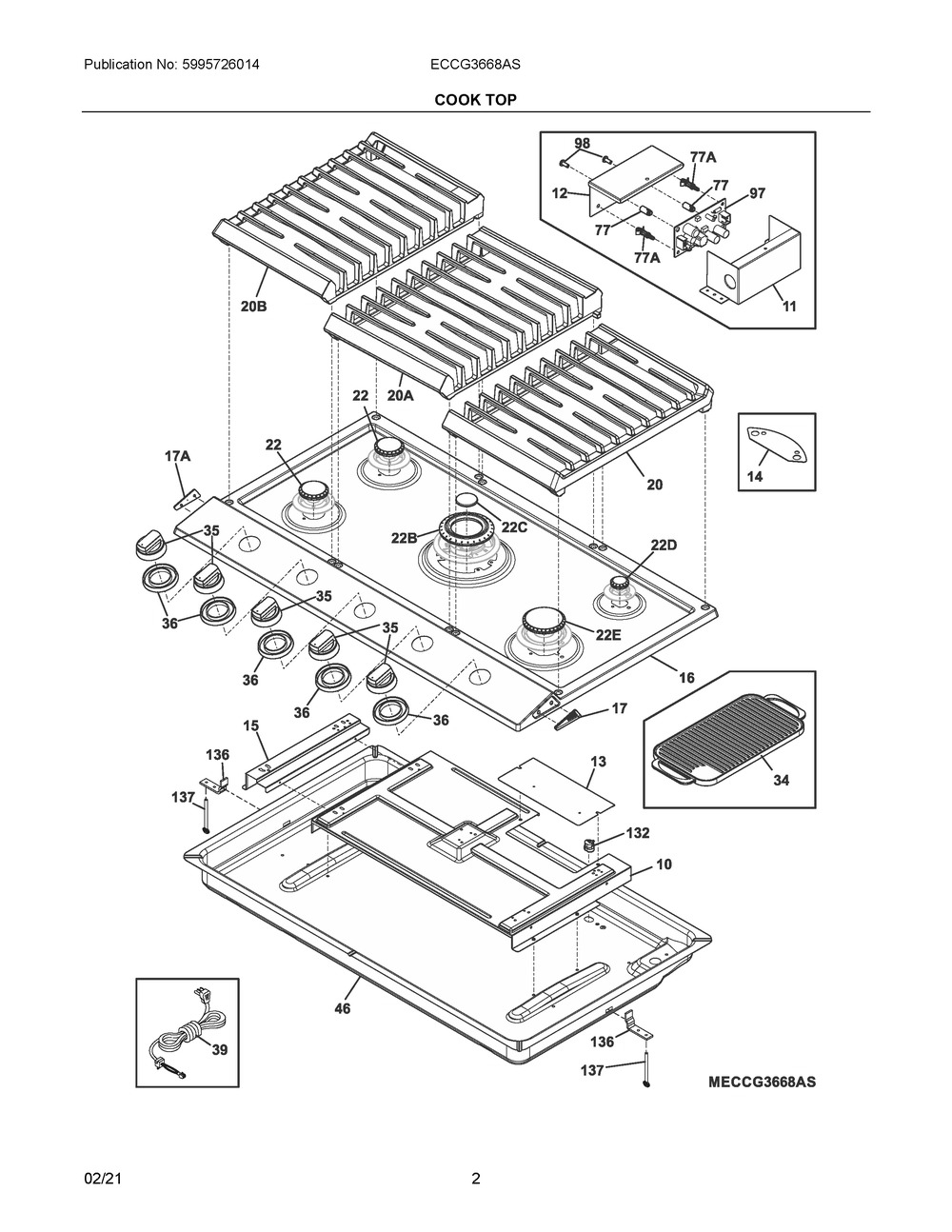 Cook Top Diagram and Parts List for ECCG3668AS  Frigidaire Cooktop