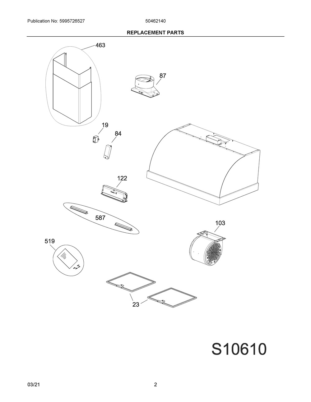 Replacement Parts Diagram and Parts List for 50462140  Frigidaire Range Hood