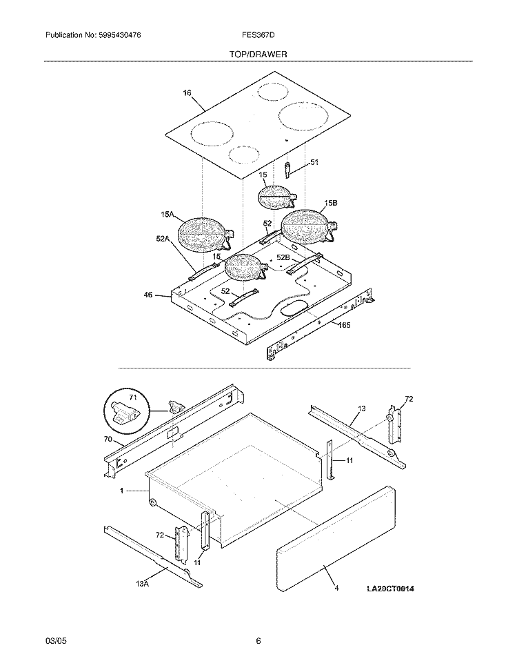 TOP / DRAWER Diagram and Parts List for FES367DQC  Frigidaire Range