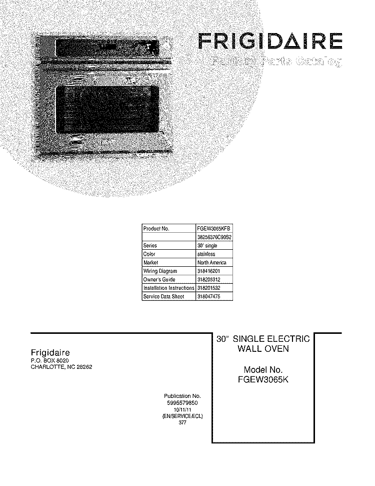 COVER Diagram and Parts List for FGEW3065KFB  Frigidaire Wall Oven