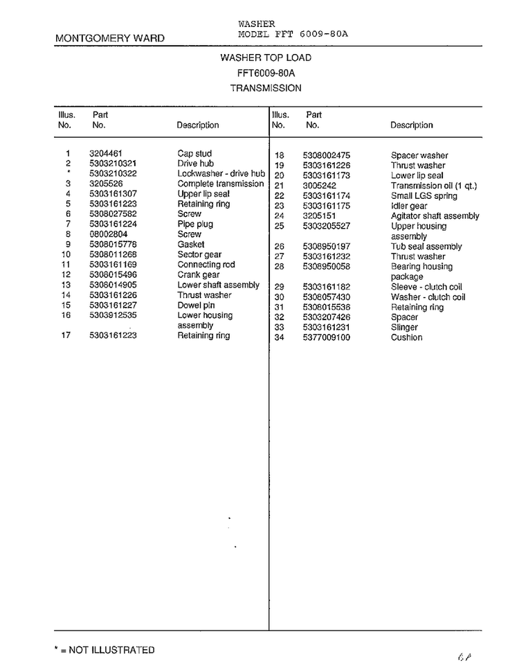 Transmission Page 2 Diagram and Parts List for 6009-80A  Frigidaire Washer