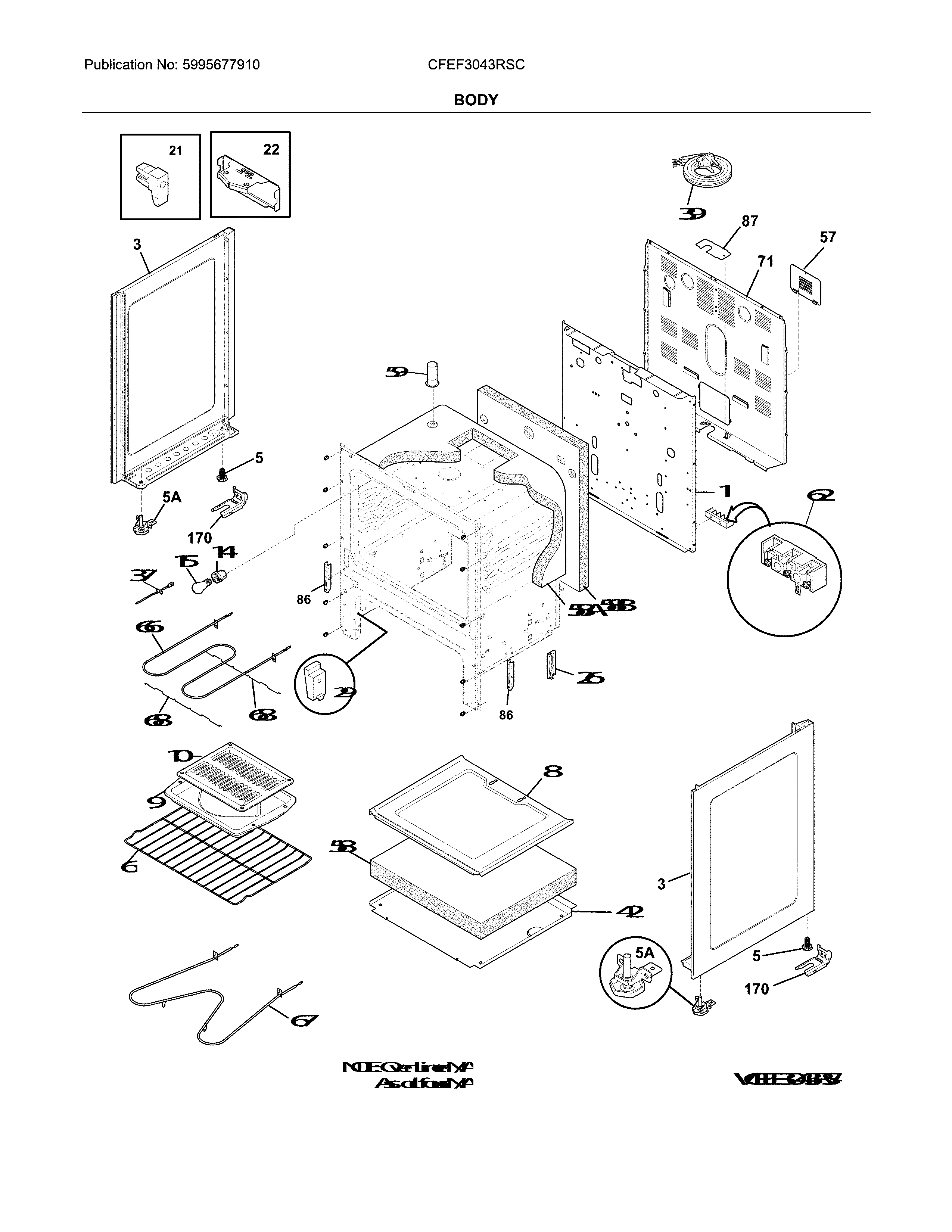 Body Diagram and Parts List for CFEF3043RSC  Frigidaire Range