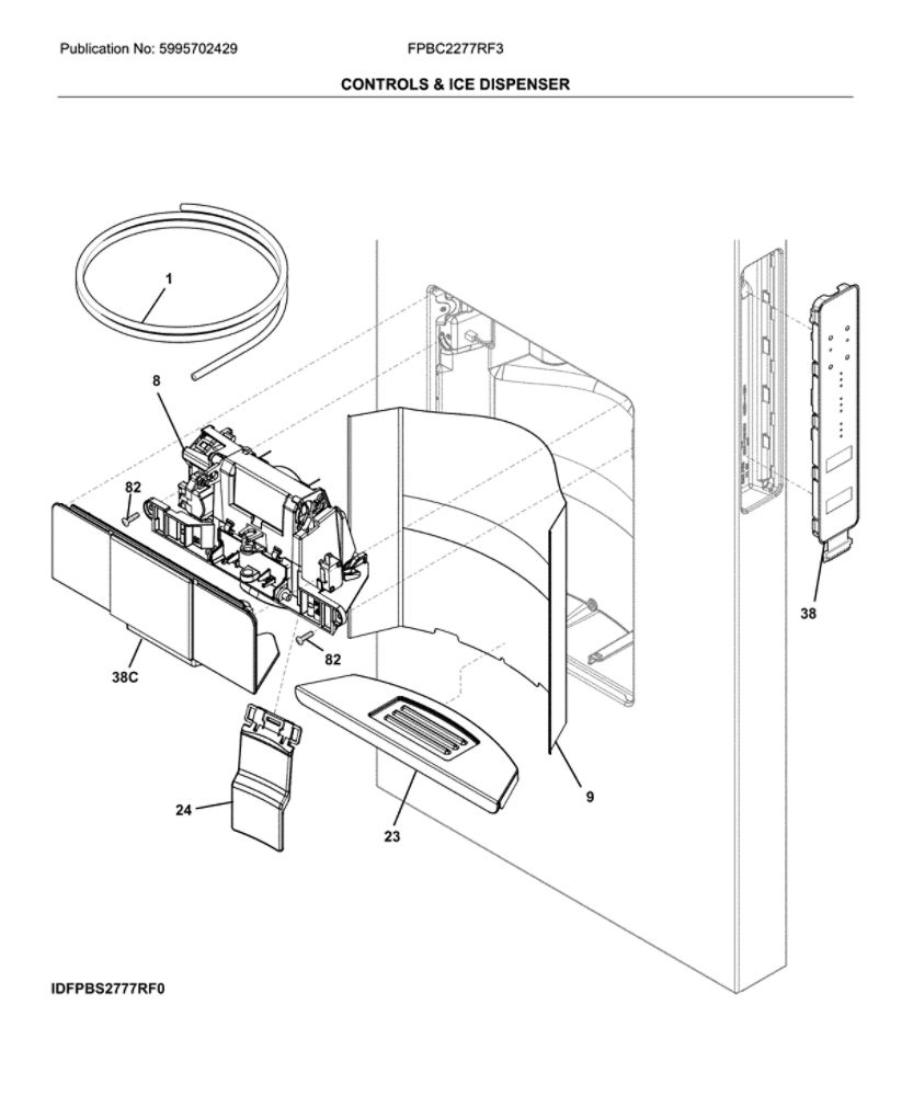 Controls And Ice Dispenser Diagram and Parts List for FPBG2277RF3  Frigidaire Refrigerator