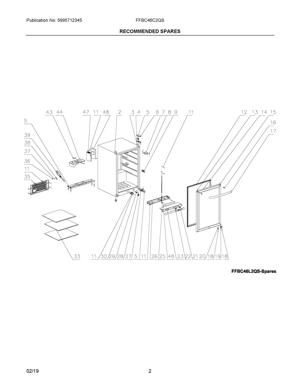 Recommended Spares Diagram and Parts List for FFBC46C2QS  Frigidaire Wine and Beverage Cooler