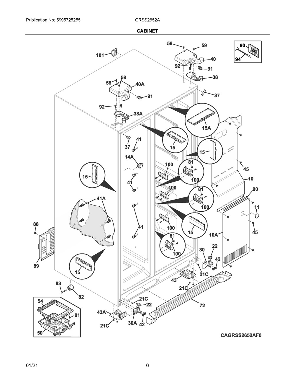 Cabinet Diagram and Parts List for GRSS2652AF0  Frigidaire Refrigerator