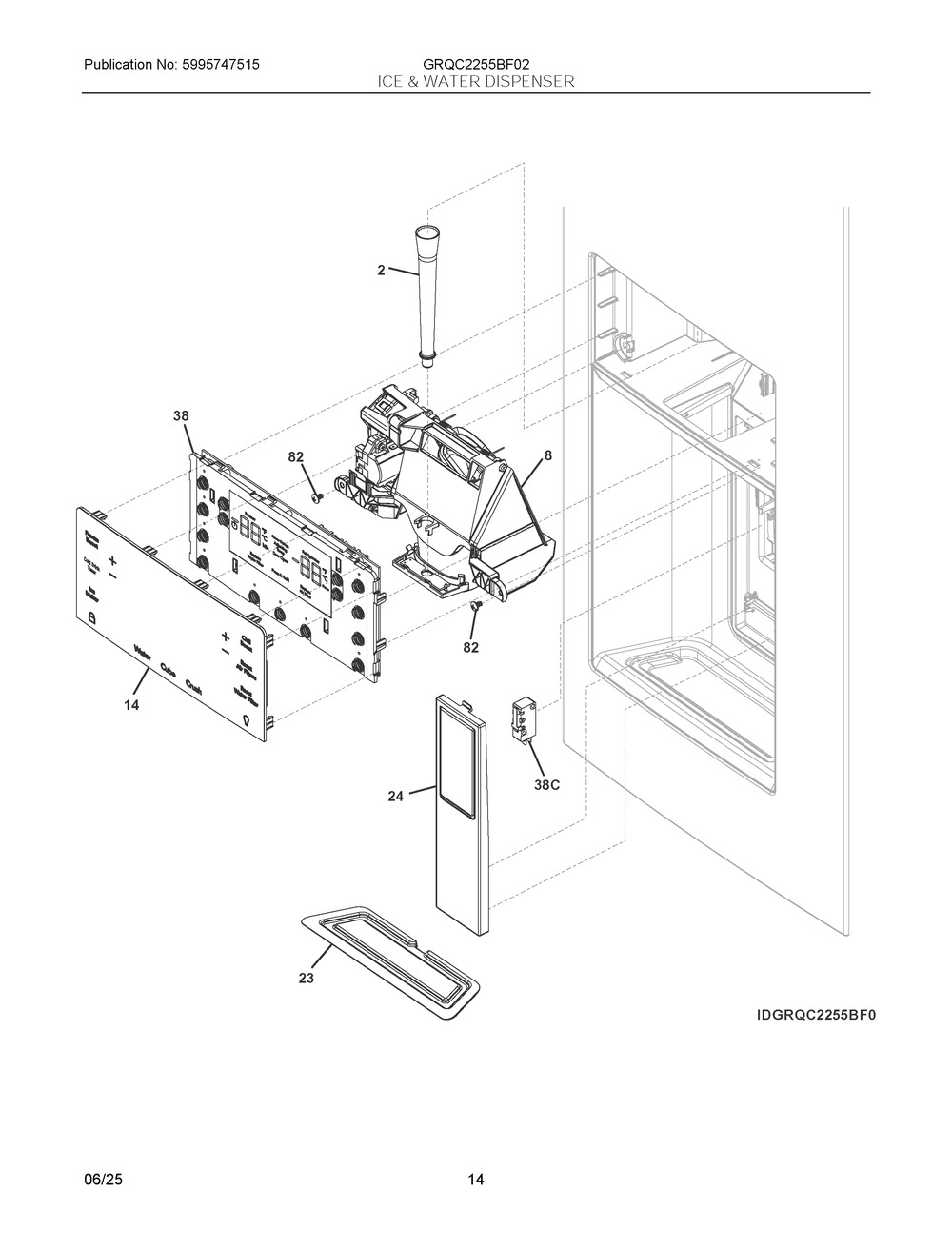 Ice And Water Dispenser Diagram and Parts List for GRQC2255BF02  Frigidaire Refrigerator